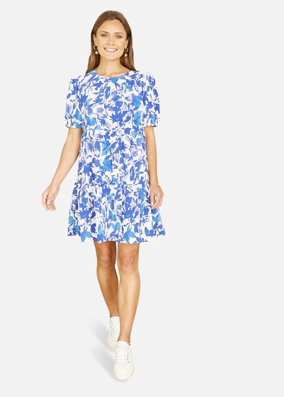 Mela Blue Leaf Print Tunic Skater Dress