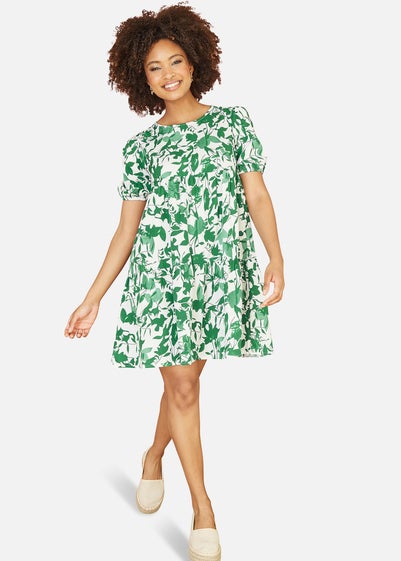 Mela Green Leaf Print Tunic Skater Dress