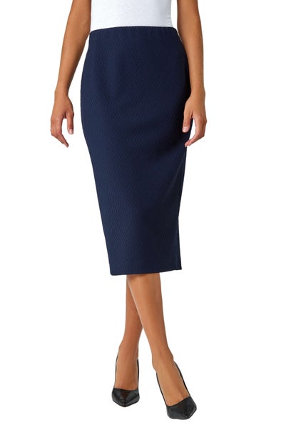 Roman Navy Textured  Elastic Waist Pencil Midi Skirt