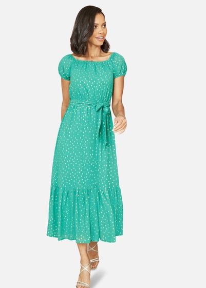 Mela Green Foil Print Bardot Midi Dress