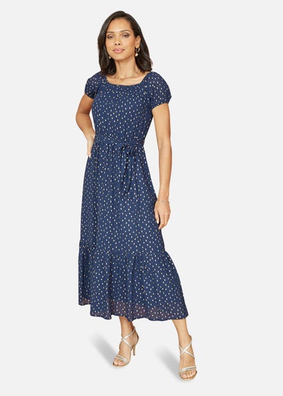 Mela Navy Foil Print Bardot Midi Dress