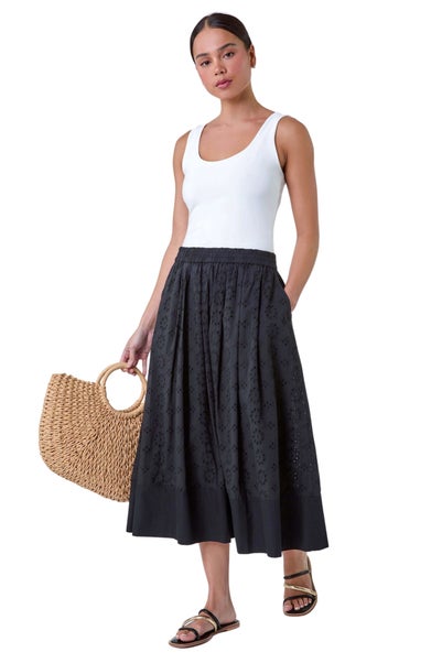 Roman Petite Black Cotton Broderie Midi Skirt