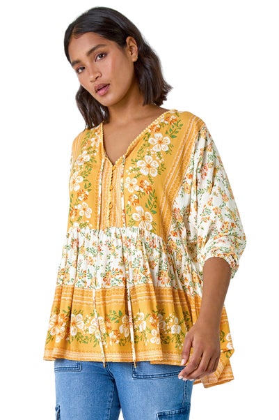 Roman Yellow Floral Border Print V-Neck Overshirt