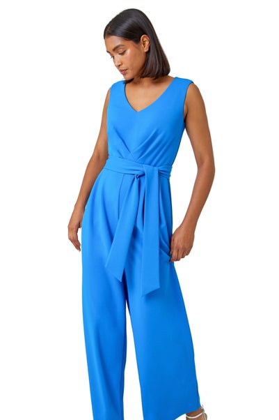 Roman Blue Pleat Detail Wide Leg Stretch Jumpsuit