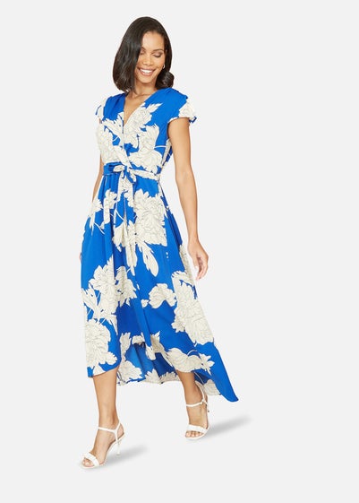 Mela Blue Blossom Print Wrap Midi With Dipped Hem