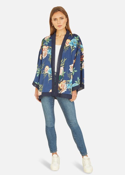 Mela Navy Floral Print Satin Kimono