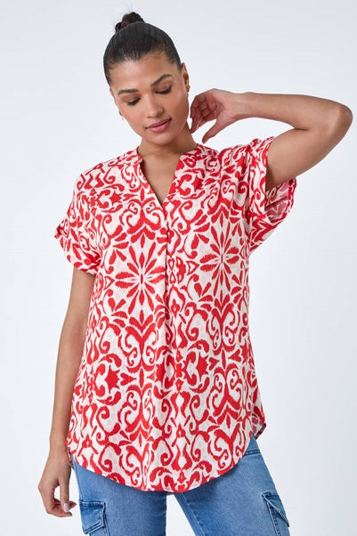 Roman Red Aztec Print V-Neck Pleat Detail Top