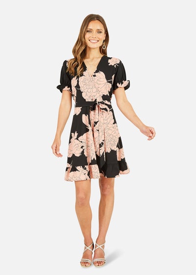 Mela Black Blossom Print Wrap Dress With Puff Sleeves