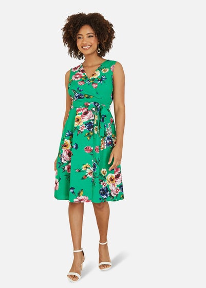 Mela Green Floral Wrap Over Midi Skater Dress