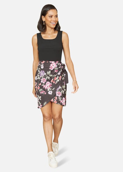 Mela Black Jersey Stretch Top and Woven Floral Skirt Wrap Dress