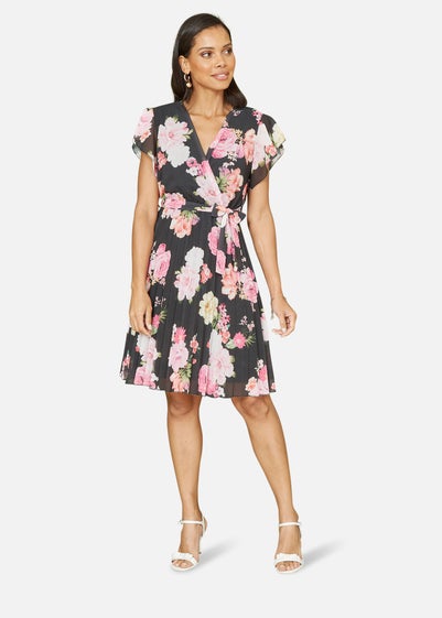 Mela Black Floral Print Pleated Wrap Skater Dress