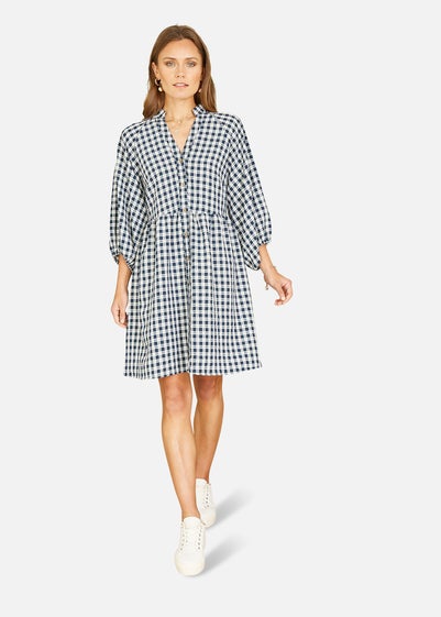 Mela Navy Cotton Checked Button Through Tunic Dress