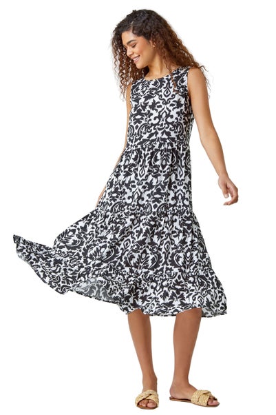 Roman Black  Baroque Tiered Smock Midi Dress