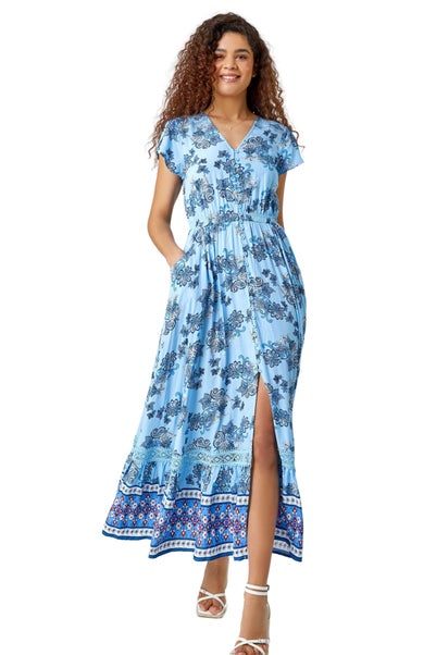 Roman Light Blue Floral Print Shirred Waist Maxi Dress