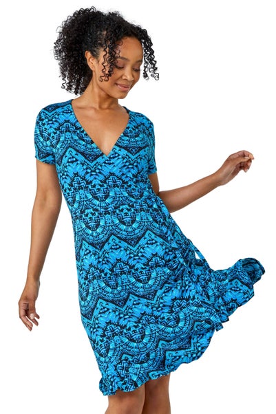 Roman Petite Blue Petite Aztec Tie Detail Wrap Dress