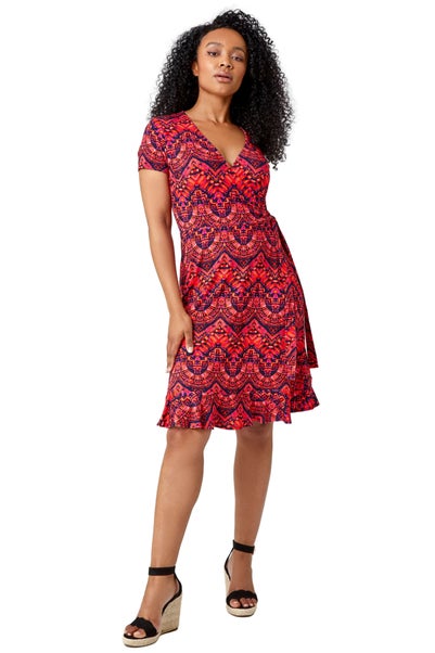 Roman Petite Pink Petite Aztec Tie Detail Wrap Dress