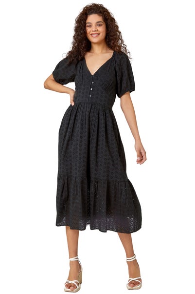 Roman Black Broderie Puff Sleeve Cotton Midi Dress