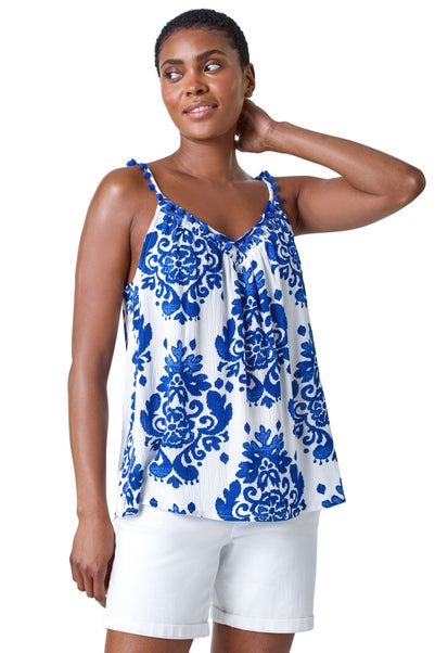 Roman Blue Paisley Pom Pom Trim V-Neck Crinkle Vest Top