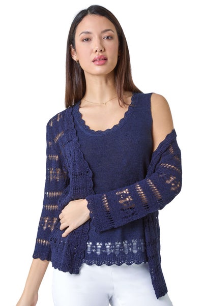 Roman Navy Crochet Single Button V-Neck Cardigan