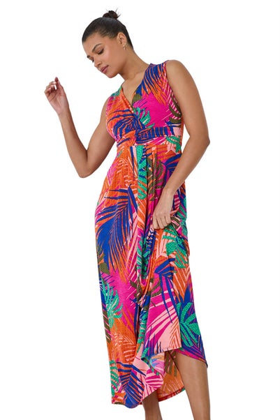 Roman Pink Tropical Gathered Stretch Wrap Maxi Dress