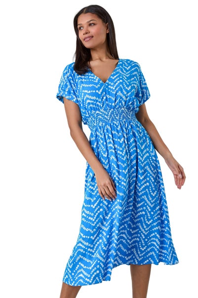 Roman Blue Abstract Floral Zig Zag Print Midi Dress