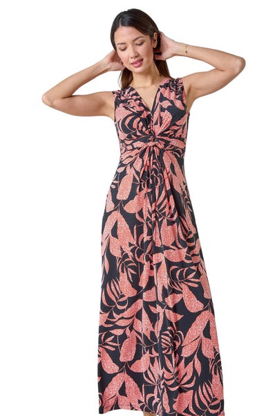 Roman Black Sleeveless Floral Print Maxi Stretch Dress