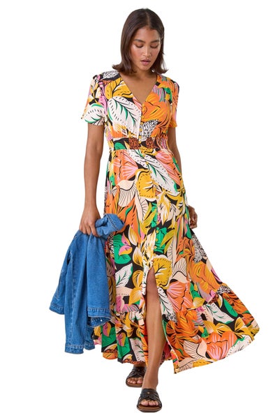 Roman Orange Tropical Print Frilled Hem Maxi Dress