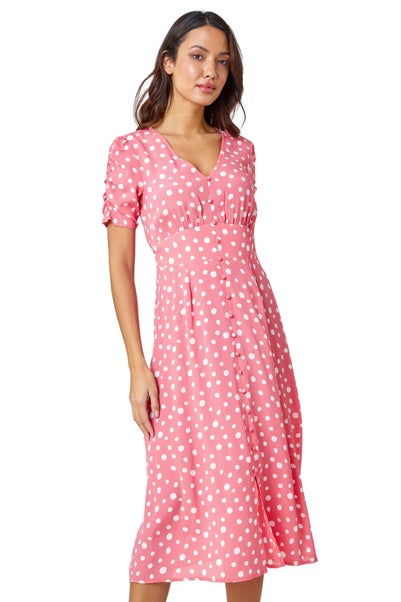 Roman Pink Polka Dot Ruched Sleeve Midi Dress