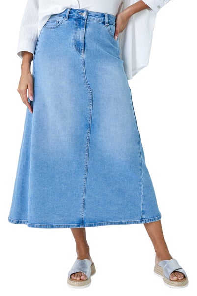 Roman Light Blue Cotton Blend Denim A line Maxi Skirt