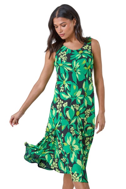 Roman Green Floral Bias Cut Stretch Dress