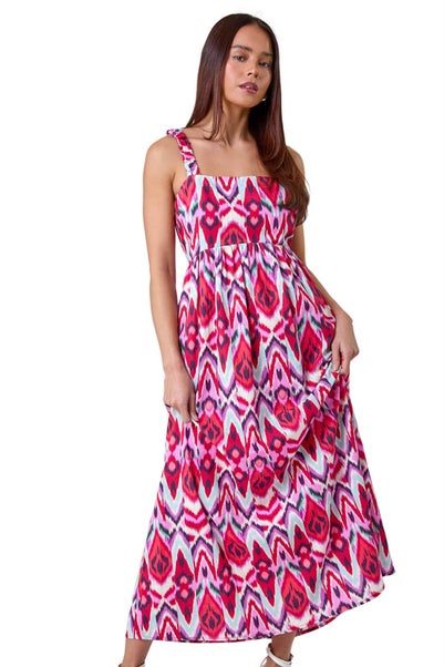 Roman Petite Coral Petite Aztec Stretch Back Maxi Dress