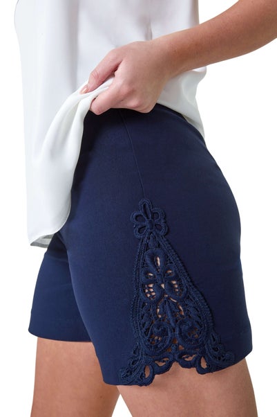 Roman Navy Lace Trim Stretch Elastic Waist  Shorts