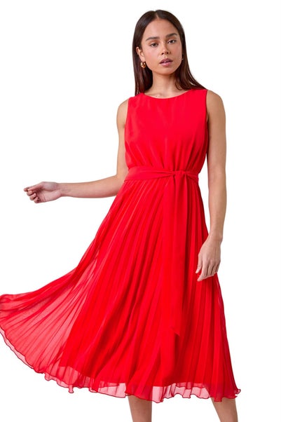 Roman Petite Red Pleated Midi Dress