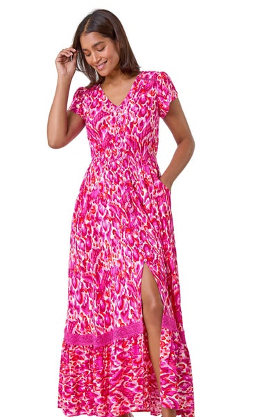 Roman Pink Abstract Print Shirred Waist Maxi Dress