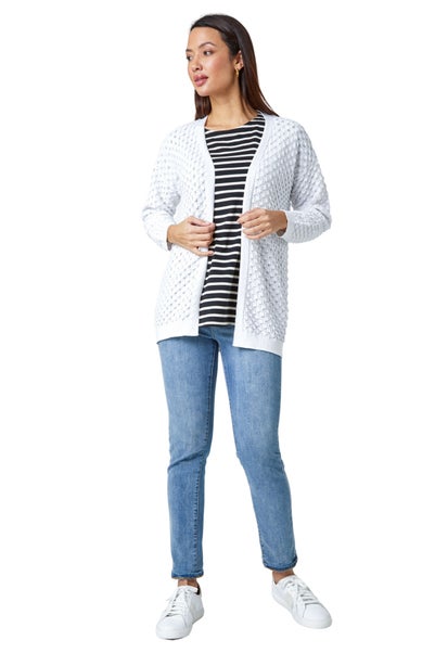 Roman White Cotton Blend Waffle Knit Cardigan