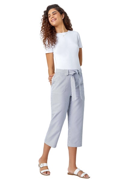 Roman Denim Stripe Elastic Tie Waist Cropped Trousers