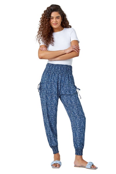 Roman Blue Wave Print Elastic Waist Hareem Trousers