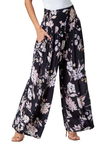 Roman Black Floral Elastic Waist Wide Leg Palazzo Trousers