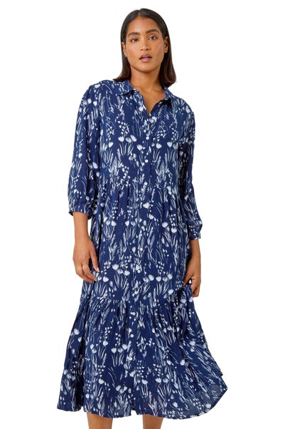 Roman Navy Floral Print Midi Shirt Dress