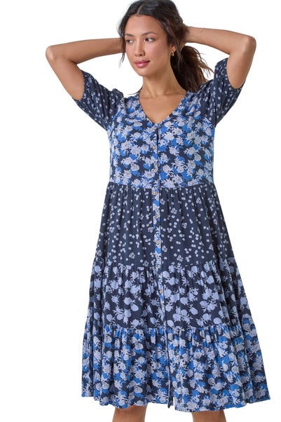 Roman Navy Floral Cotton Blend Tiered Smock Dress