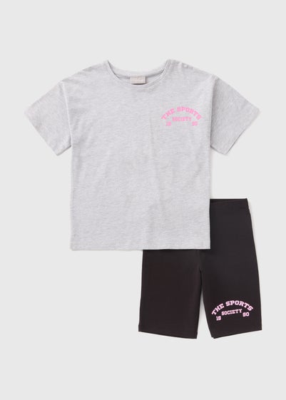 Girls Grey Wellness Cycling Top & Shorts Set (7-13yrs)