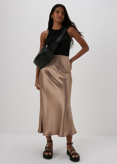 Brown Satin Midi Skirt