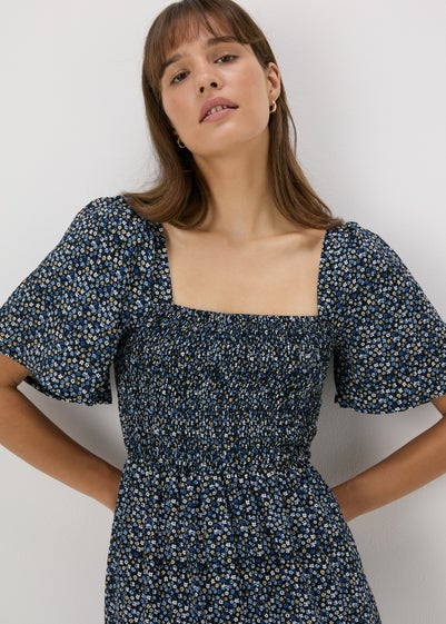 Blue Floral Shirred Bodice Mini Dress