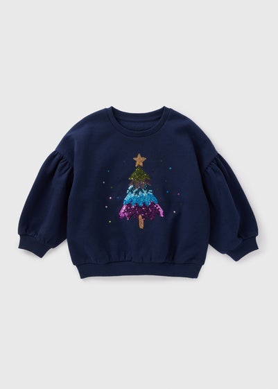 Girls Navy Sequin Christmas Tree Sweatshirt (1-7yrs)