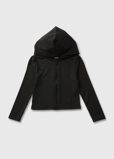 Girls Black Ribbed Zip Up Hoodie (7-15yrs)