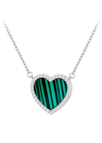 Golden Moments Sterling Silver Heart Malachite and CZ Necklace