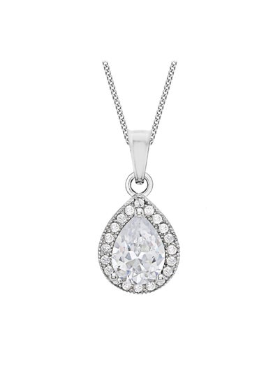 Golden Moments Sterling Silver CZ Halo Teardrop Necklace