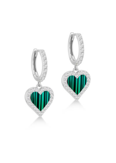 Golden Moments Sterling Silver Malachite and CZ Heart Drop Earring