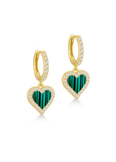 Golden Moments Sterling Silver Yellow Gold Plated Malachite and CZ Heart Drop Earring