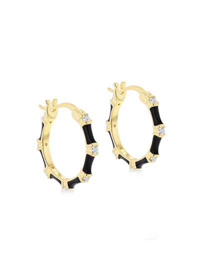 Golden Moments Yellow Gold Plated CZs Black Enamel Hoop Earrings